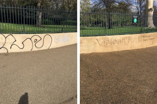 Token Cleaning graffiti before and after